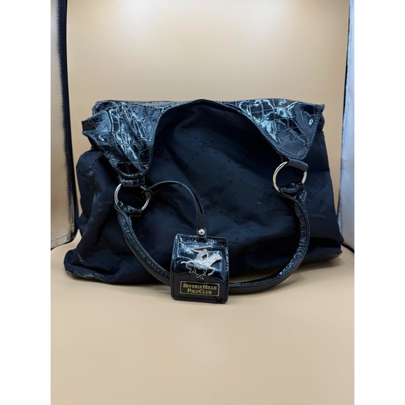 Beverly Hills Polo Club Handbags - Beverly Hills Polo Club Black Jacquard Hobo Bag Croc Embossed Studded Trim